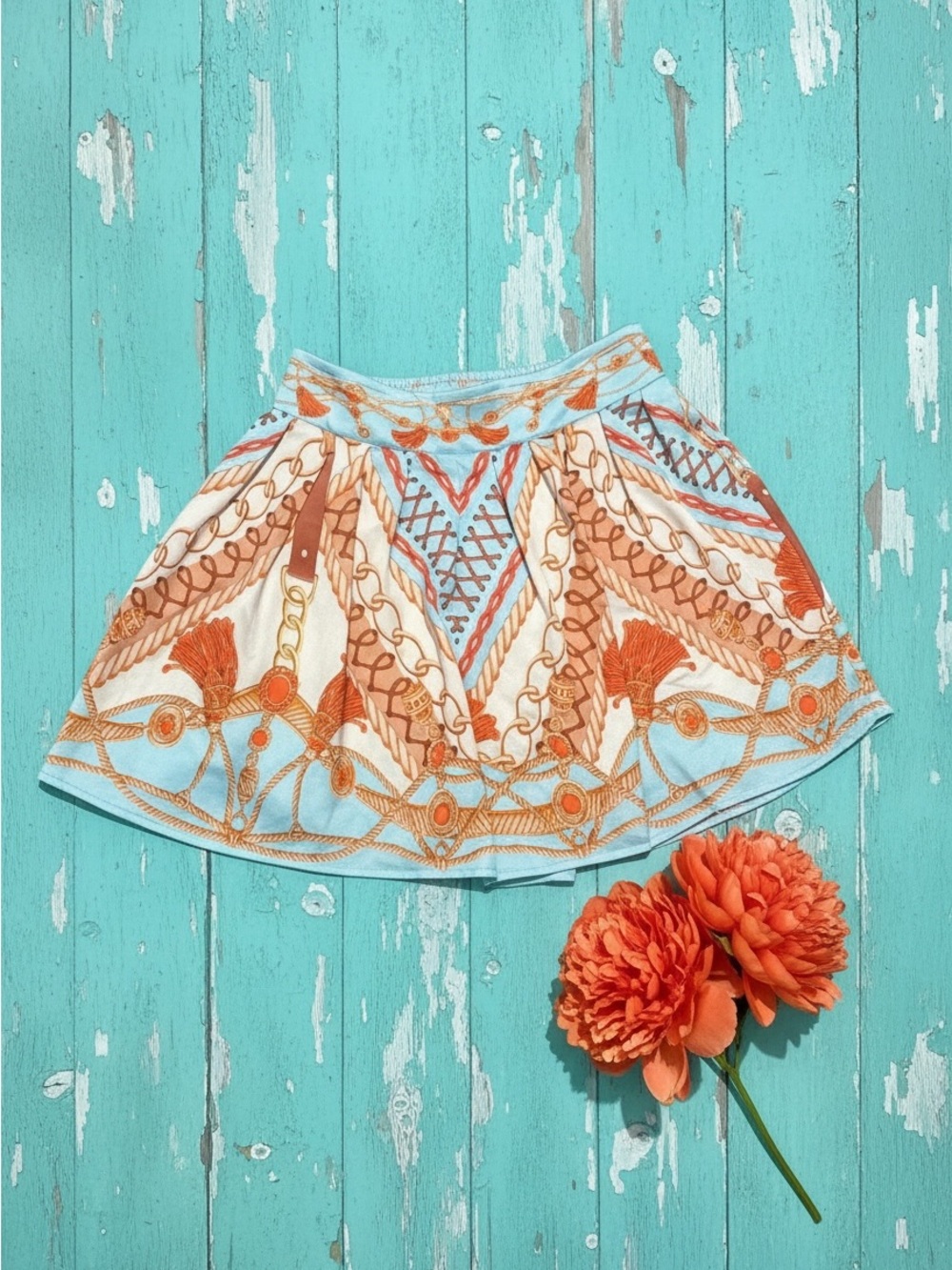 Her Bottari Cream & Orange Printed Skort with Light Blue Accents